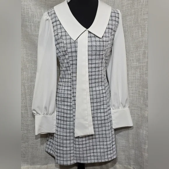 Plaid Tweed Dress Bow Front Long Sleeve, Mini Houndstooth, Preppy, Clueless Med - Picture 1 of 10